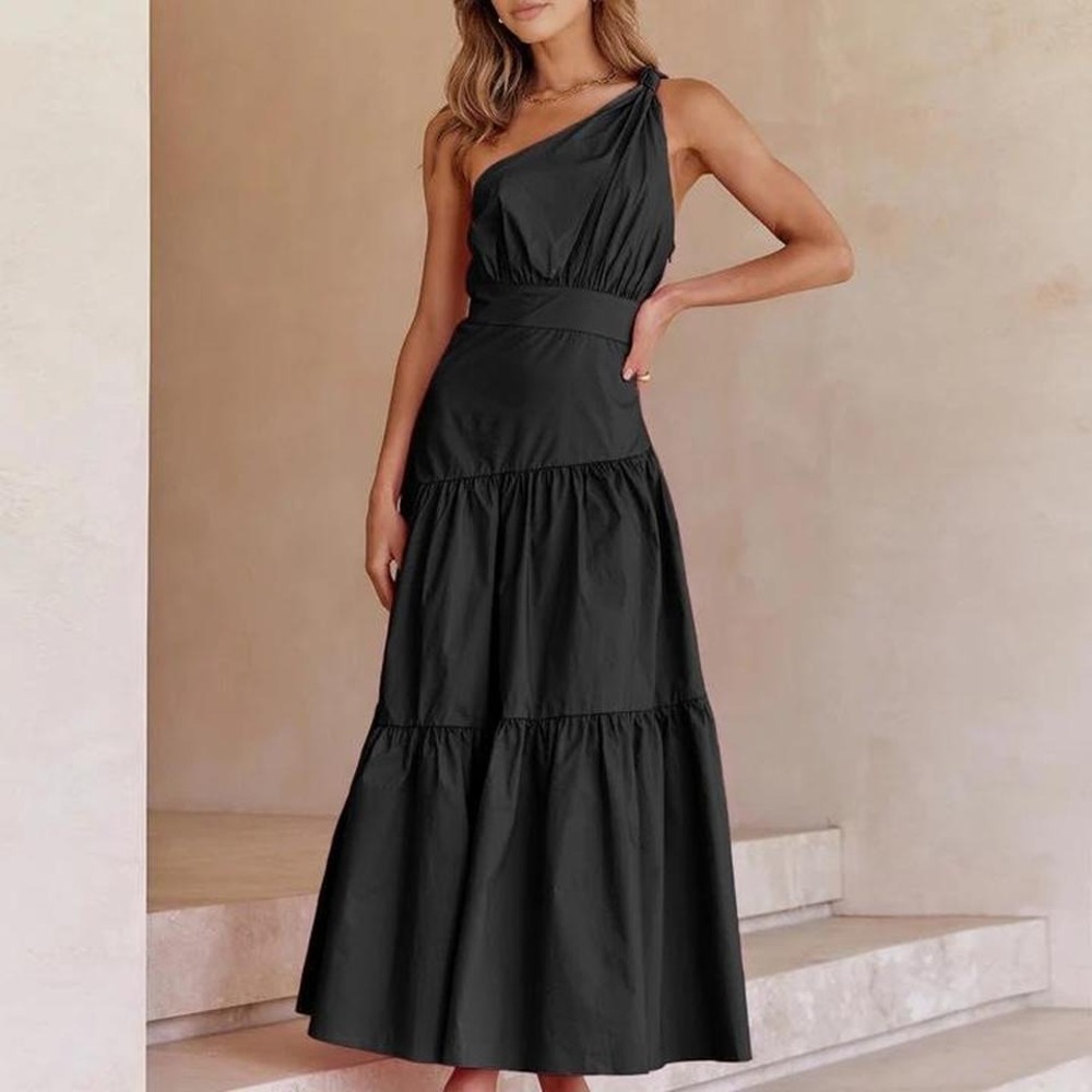 One-Shoulder Black Tiered Maxi Dress